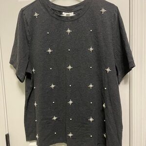 Women’s CHARTER CLUB Dark Gray Bead Embellished Crewneck Short Sleeve Top 2X